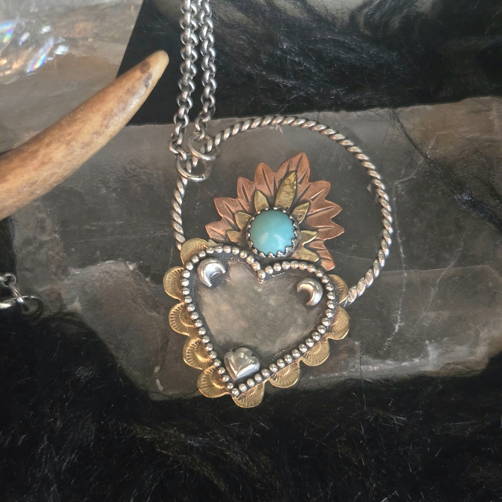 Turquoise Mixed Metal Sacred Heart Statement Necklace - Picture 4 of 6